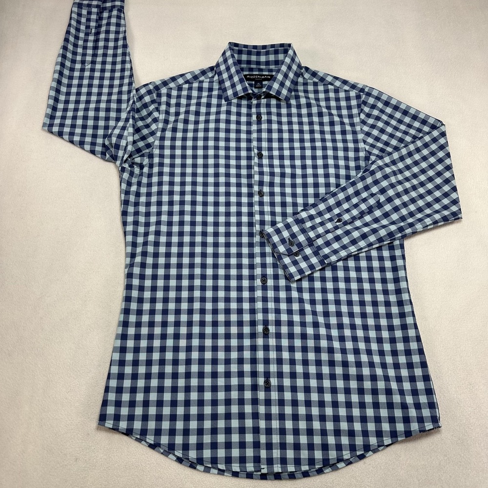 Mizzen+Main Leeward Dress Shirt Mens Medium Blue Gingham Trim Fit‎ Stretch Prep